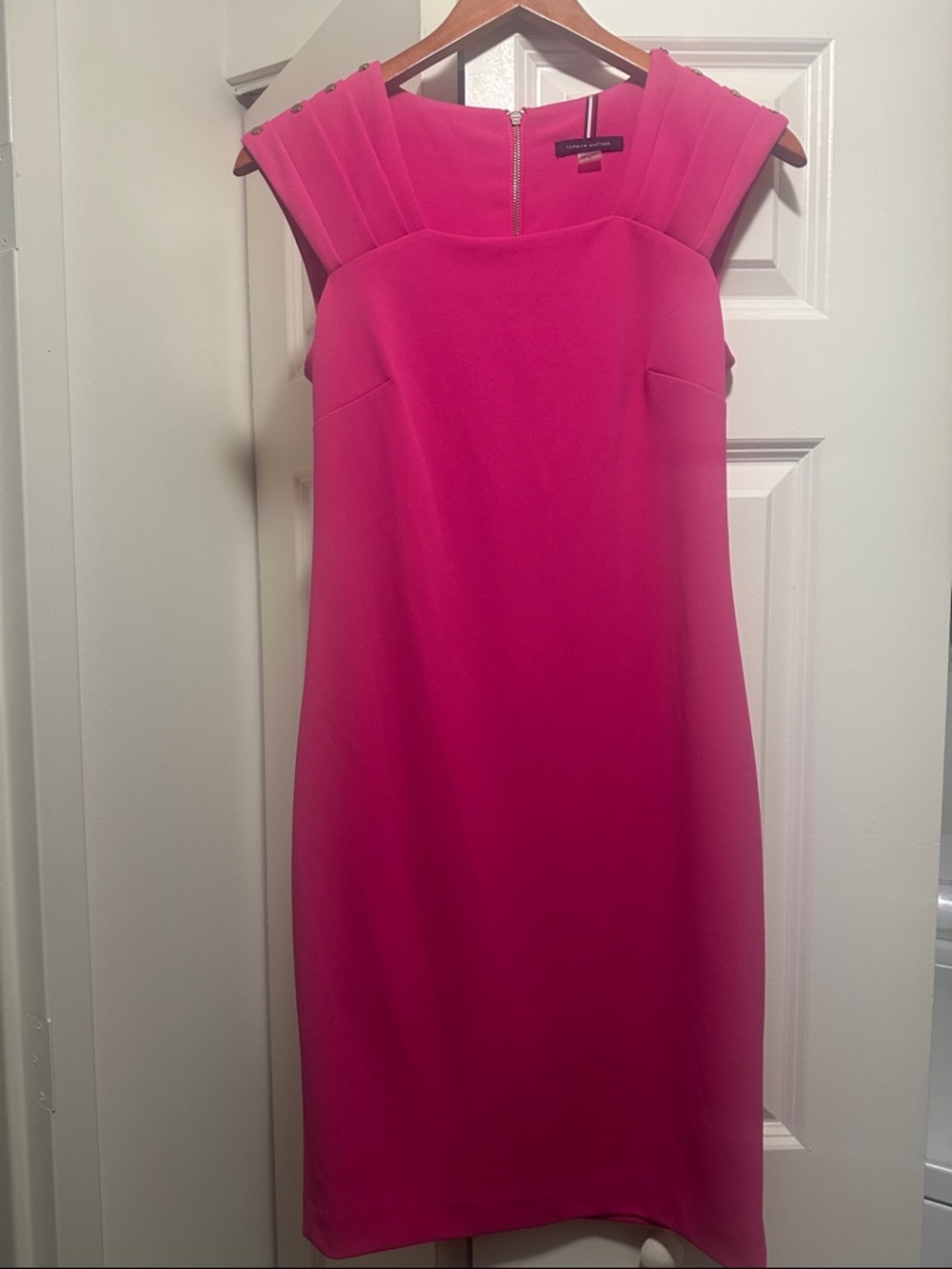 Tommy Hilfiger Hot Pink Midi Sheath Dress with Pleated Cap Shoulders